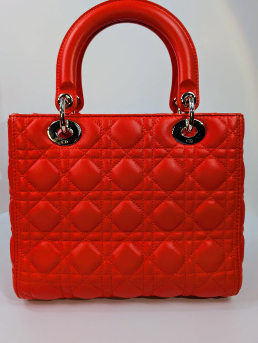 Dior Lady Dior Bright Red Orange Quilted Lambskin and Charm