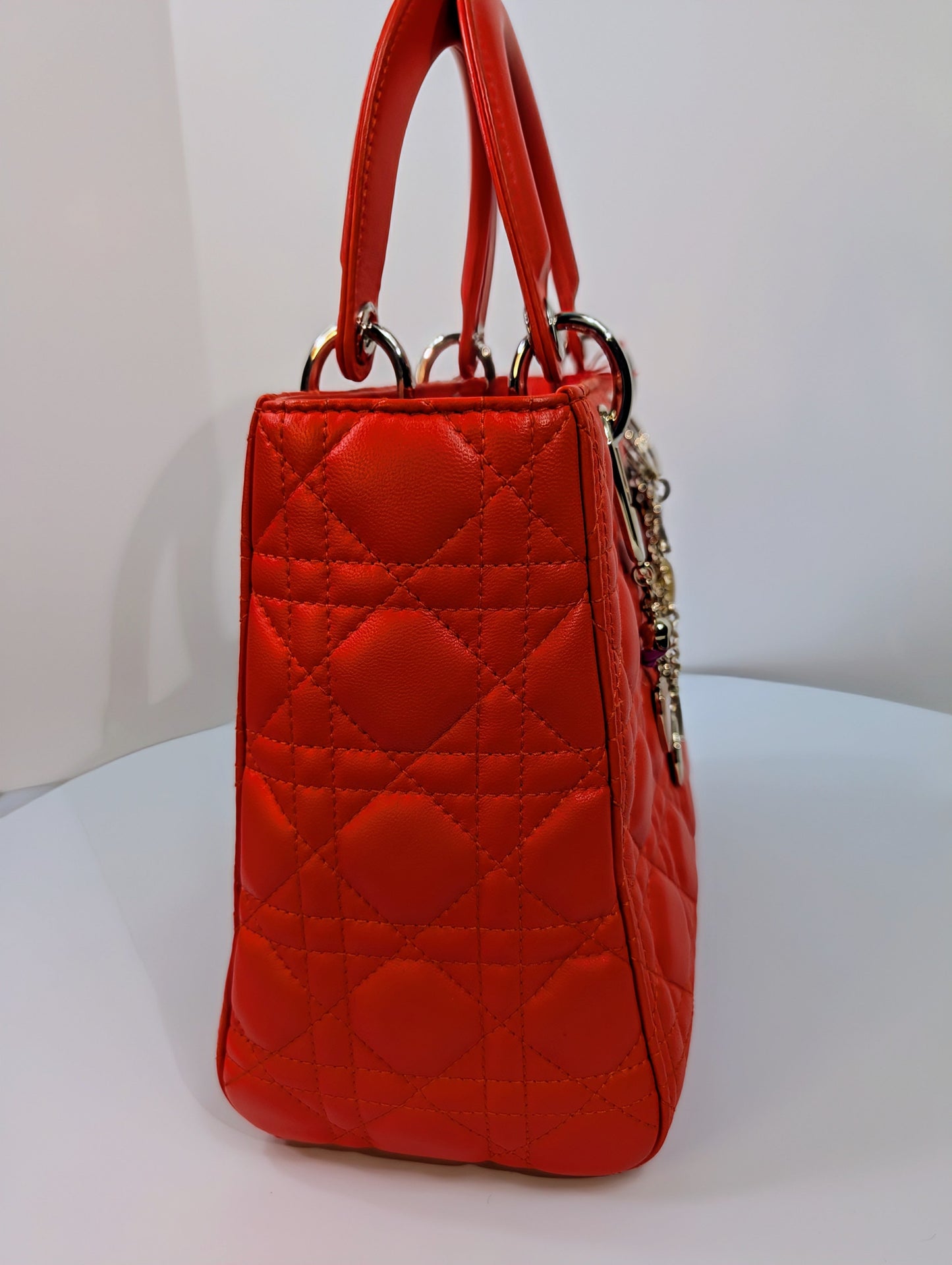 Dior Lady Dior Bright Red Orange Quilted Lambskin and Charm