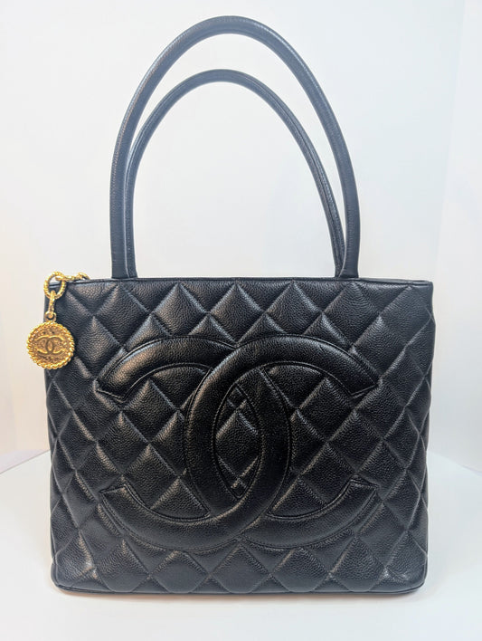 Chanel   Black Quilted Caviar Medallion Tote Bag