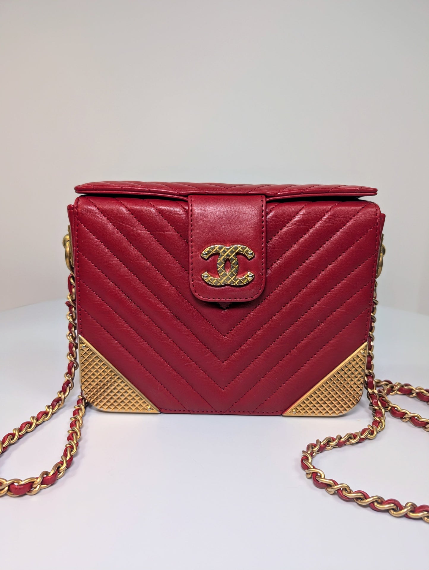 Chanel Rare Red V-Stitch Quilted Box Bag with Gold Hardware