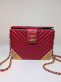 Chanel Rare Red V-Stitch Quilted Box Bag with Gold Hardware