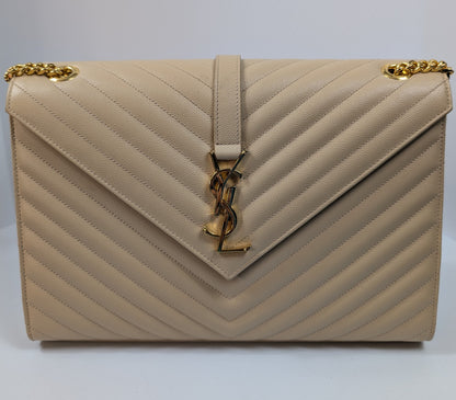 YSL Saint Laurent Beige Embossed Leather Monogram Matelassé Chain