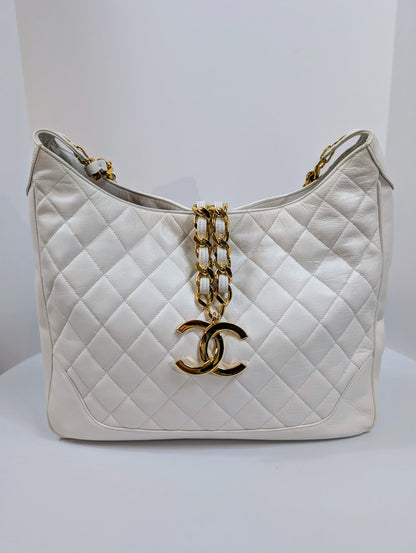Chanel Rare   White Quilted Lambskin Large Hobo Tote 24k GHW