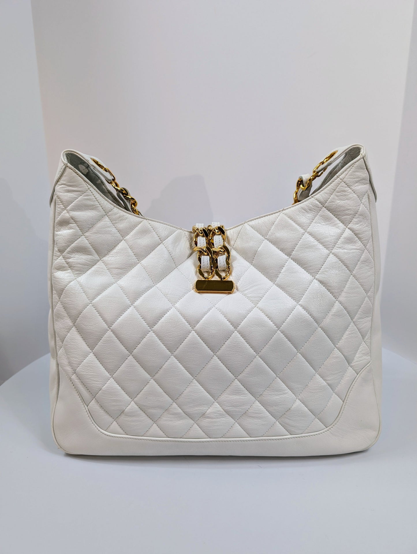Chanel Rare   White Quilted Lambskin Large Hobo Tote 24k GHW
