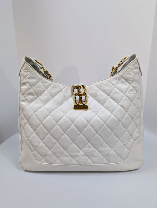 Chanel Rare   White Quilted Lambskin Large Hobo Tote 24k GHW