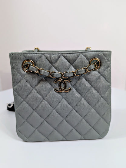 Chanel Rare Light Grey Quilted Caviar Leather Small Bucket Drawstring Bag