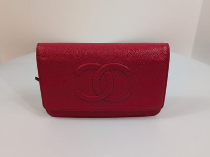 Chanel Red Stitched Logo Wallet on Chain (WOC)