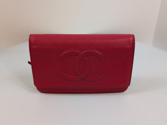Chanel Red Stitched Logo Wallet on Chain (WOC)