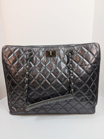 Chanel Reissue 2.55 Dark Grey Anthracite Shopping Tote in Aged Calfskin