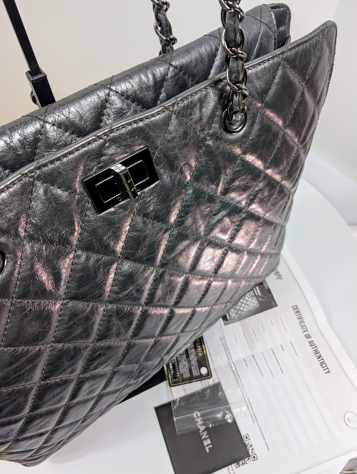 Chanel Reissue 2.55 Dark Grey Anthracite Shopping Tote in Aged Calfskin