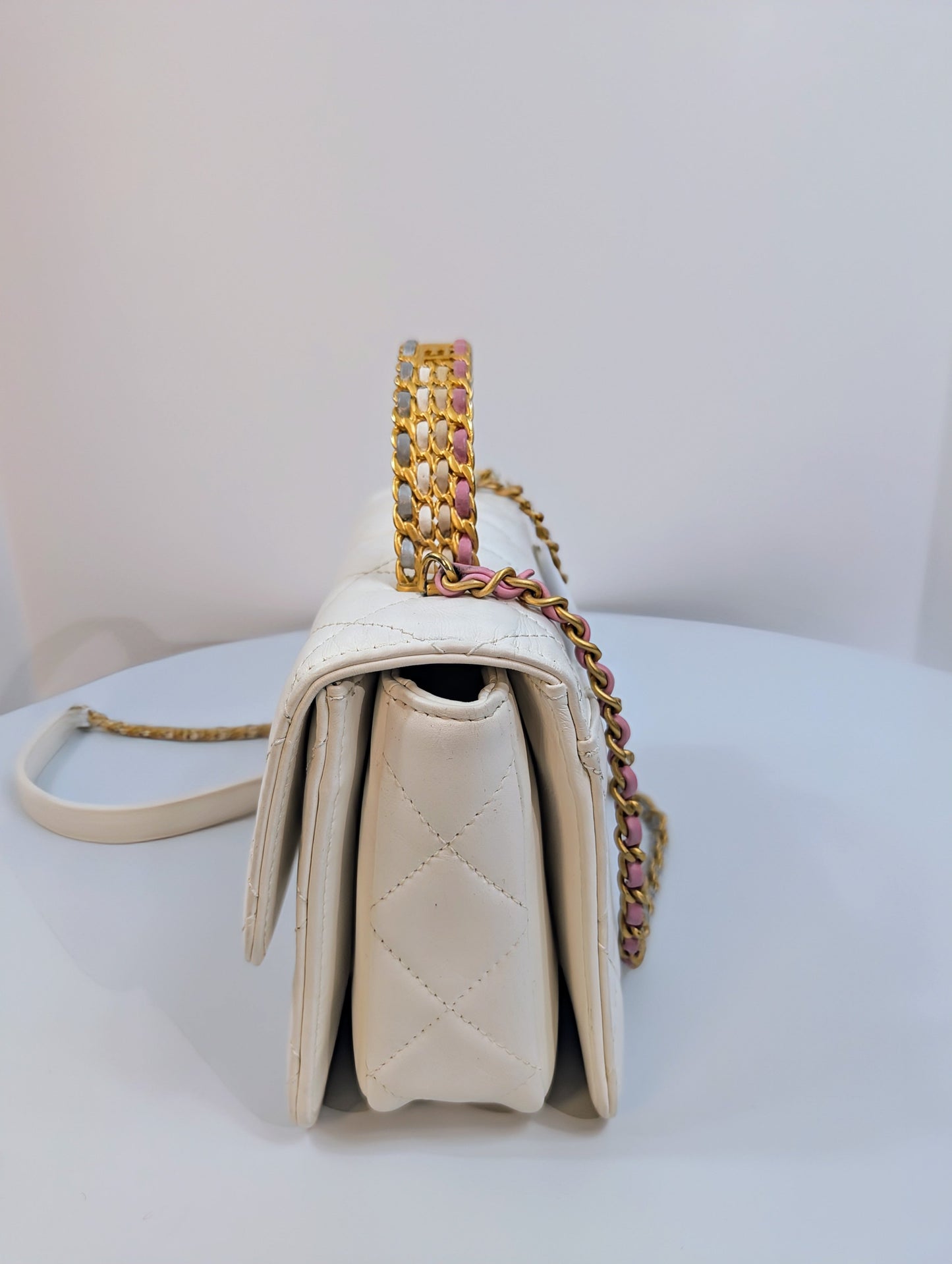 Chanel 19 White Lambskin Small Flap Bag with Pink/Blue Hardware