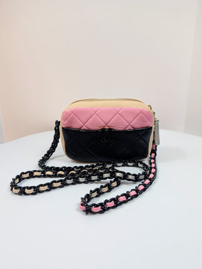 Chanel Tricolor Pink Black Beige Quilted Mini Camera Bag
