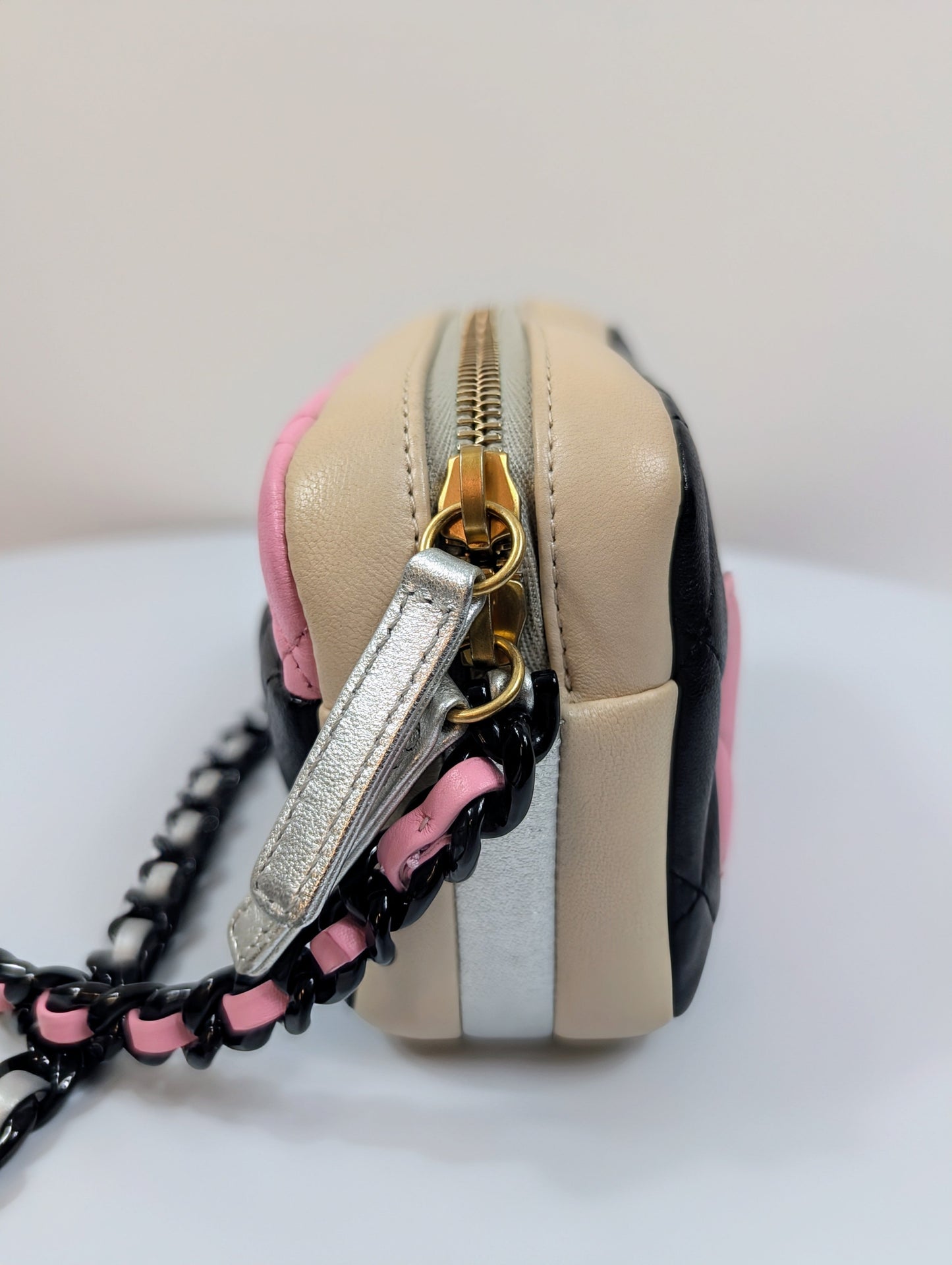 Chanel Tricolor Pink Black Beige Quilted Mini Camera Bag