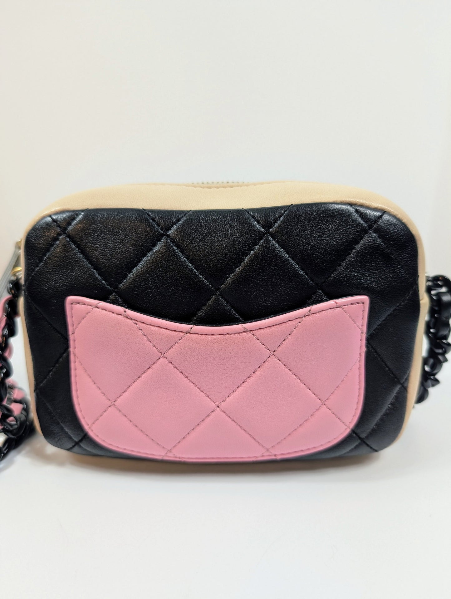 Chanel Tricolor Pink Black Beige Quilted Mini Camera Bag