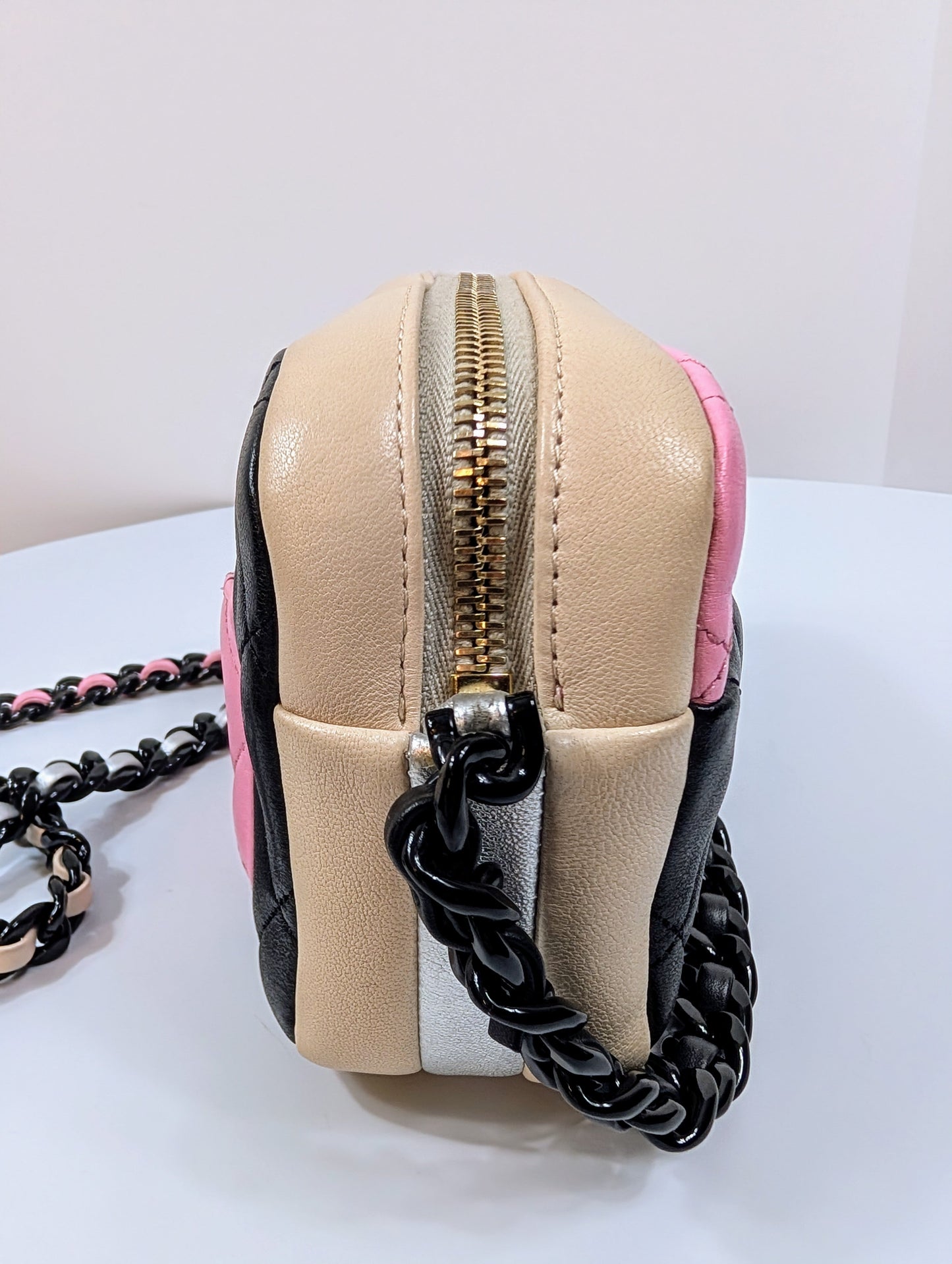 Chanel Tricolor Pink Black Beige Quilted Mini Camera Bag