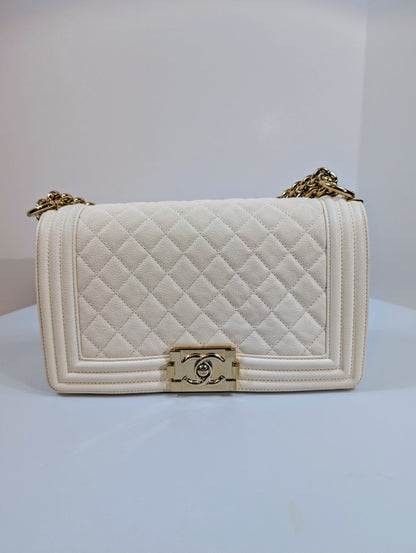 Chanel White Grained Calfskin Medium Boy Flap Bag