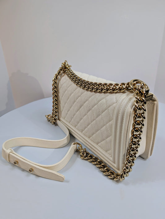 Chanel White Grained Calfskin Medium Boy Flap Bag