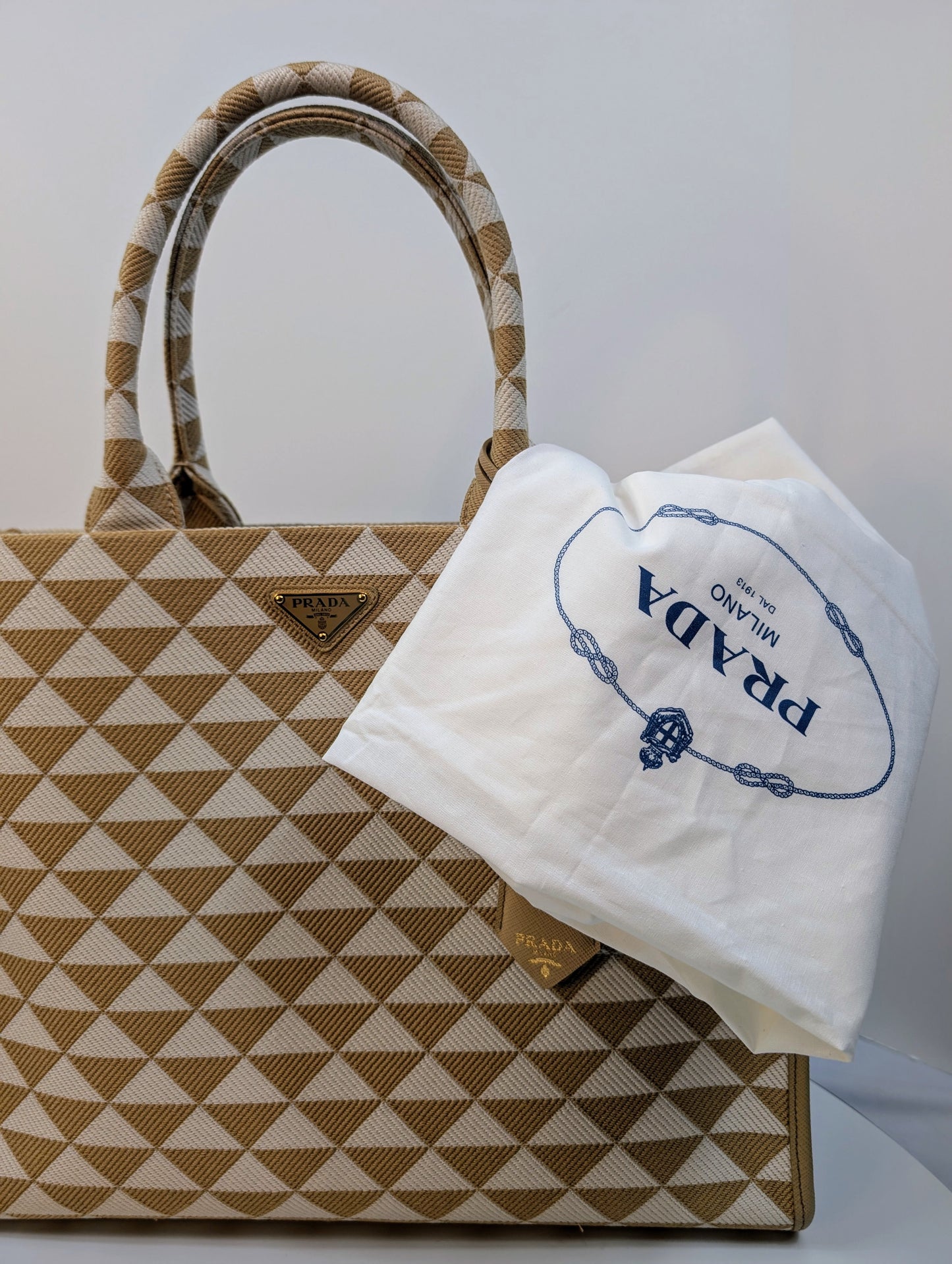 Prada Cream Tan Triangle Pattern Tote with Saffiano Leather Trim