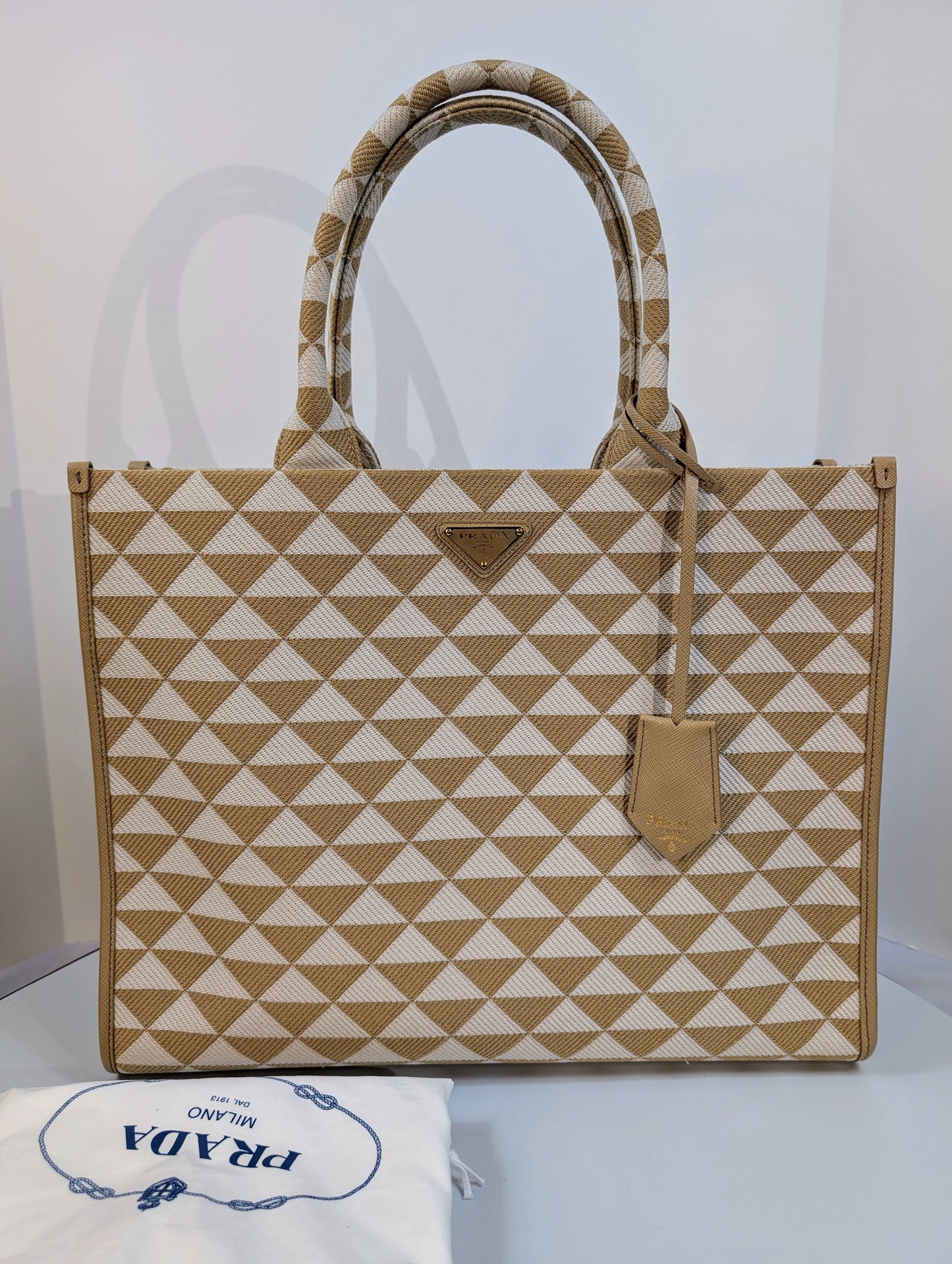 Prada Cream Tan Triangle Pattern Tote with Saffiano Leather Trim