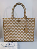 Prada Cream Tan Triangle Pattern Tote with Saffiano Leather Trim