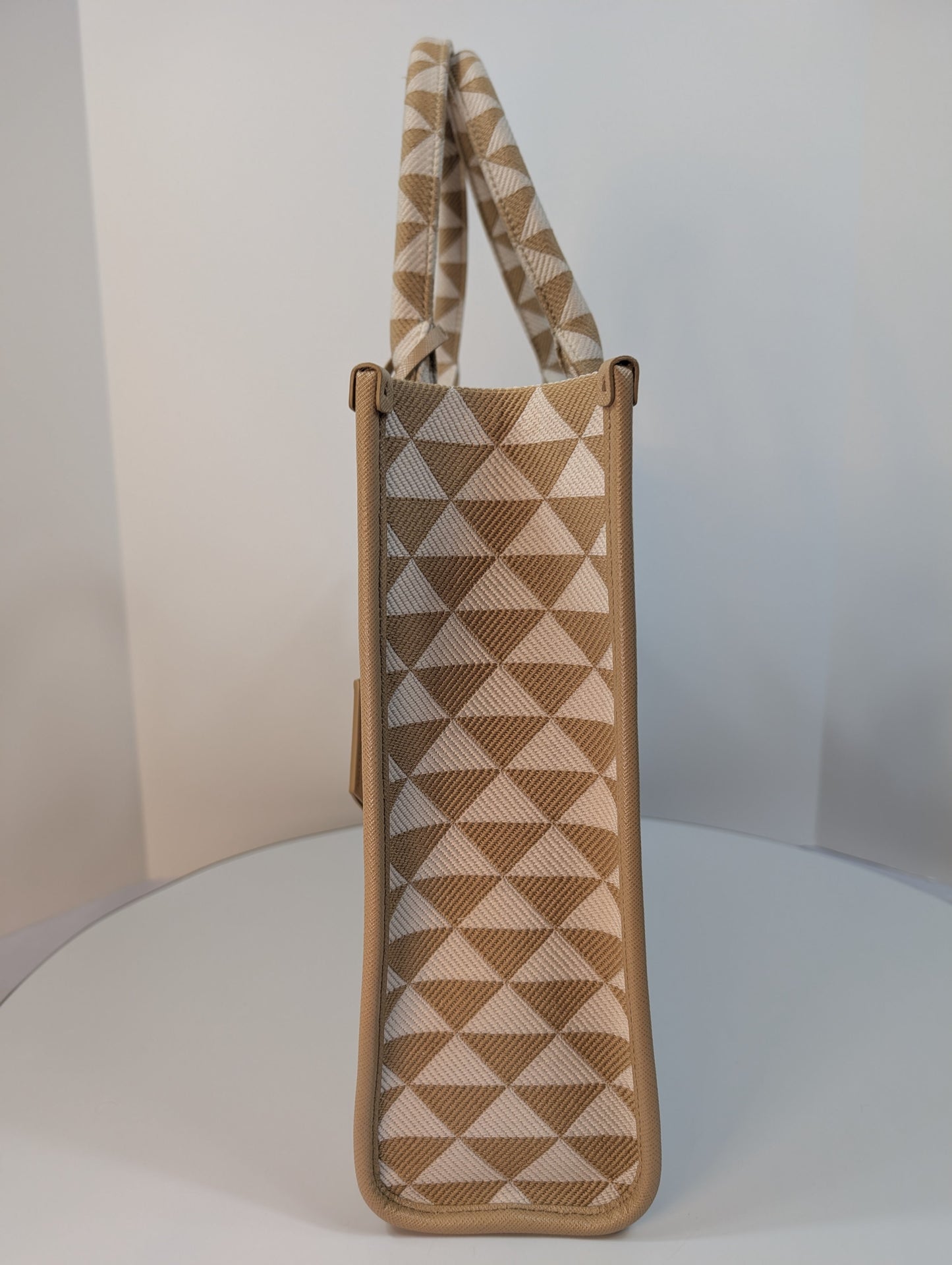 Prada Cream Tan Triangle Pattern Tote with Saffiano Leather Trim