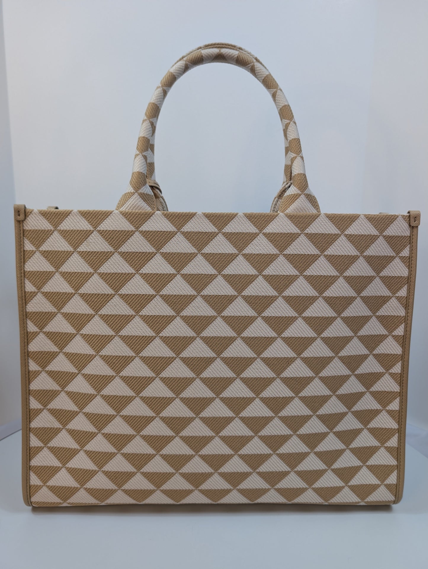 Prada Cream Tan Triangle Pattern Tote with Saffiano Leather Trim