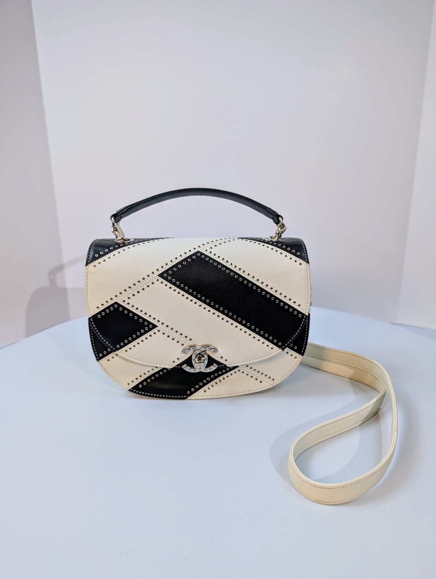 Chanel White and Black Patchwork Round Bottom Tophandle Flap Bag