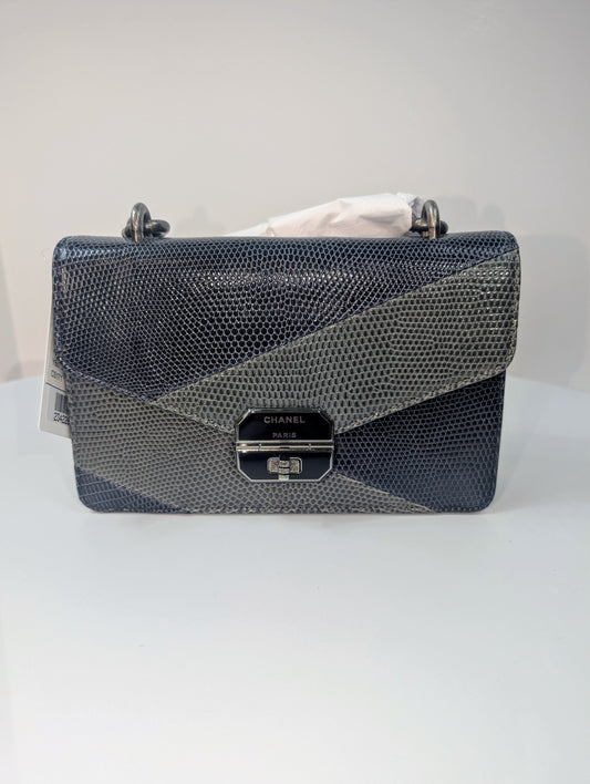 Chanel Blue and Grey Patchwork Lizard Skin Box Bag