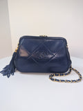 Chanel   Blue Quilted Lambskin Kisslock Tassel Clutch with Strap
