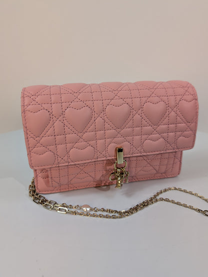 Dior Diorama Pink Heart Quilted Lambskin Wallet on Chain (WOC)