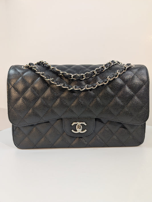 Chanel Black Caviar Classic Jumbo Double Flap Shoulder Bag