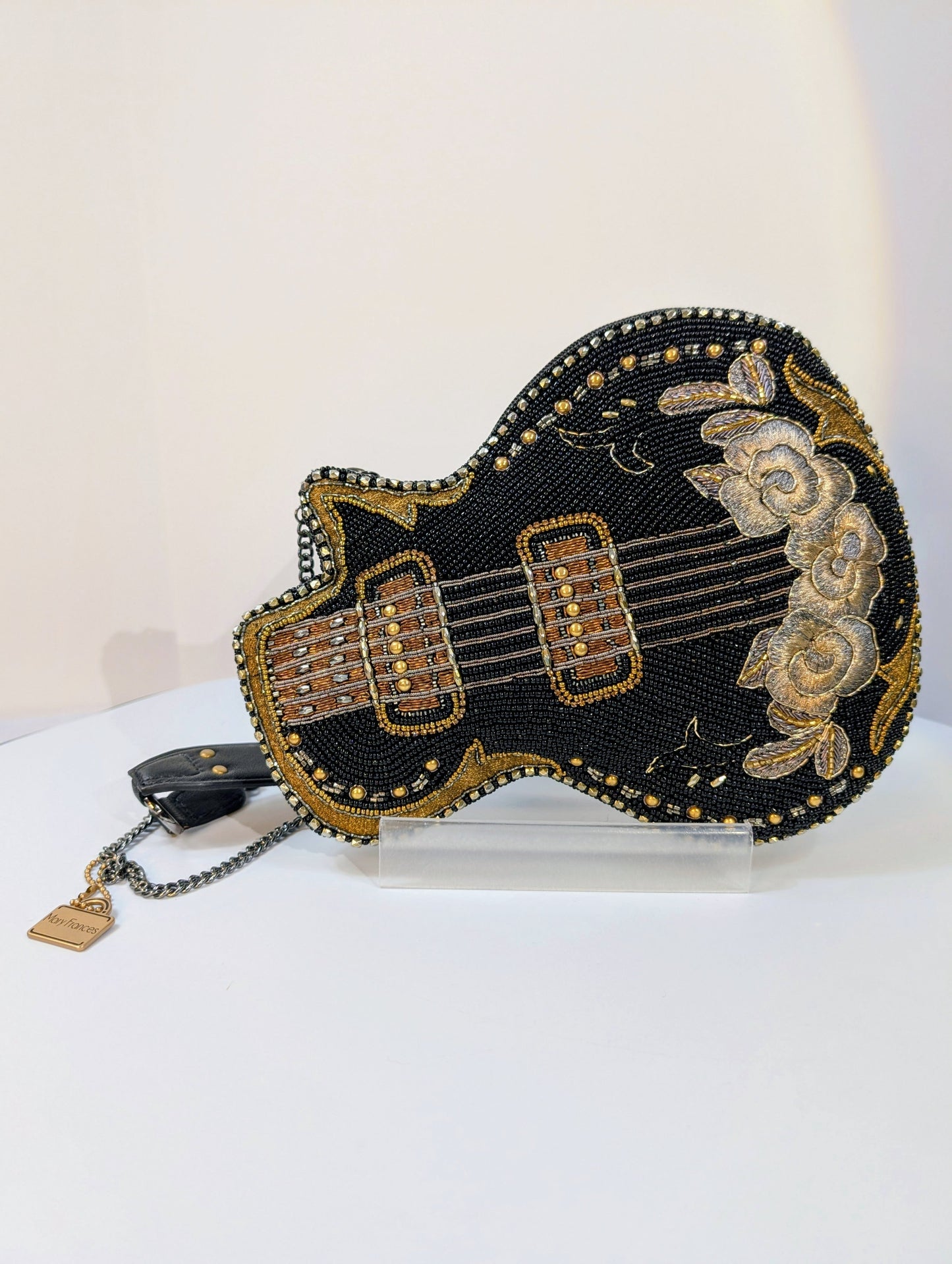 Mary Frances Black and Gold "Rockstar" Beaded Guitar Handbag
