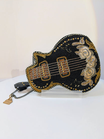 Mary Frances Black and Gold "Rockstar" Beaded Guitar Handbag