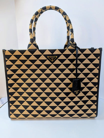 Prada Large Beige and Black Triangle Pattern Jacquard Tote Bag with Saffiano Leather Trim