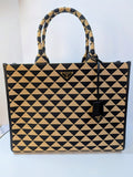 Prada Large Beige and Black Triangle Pattern Jacquard Tote Bag with Saffiano Leather Trim