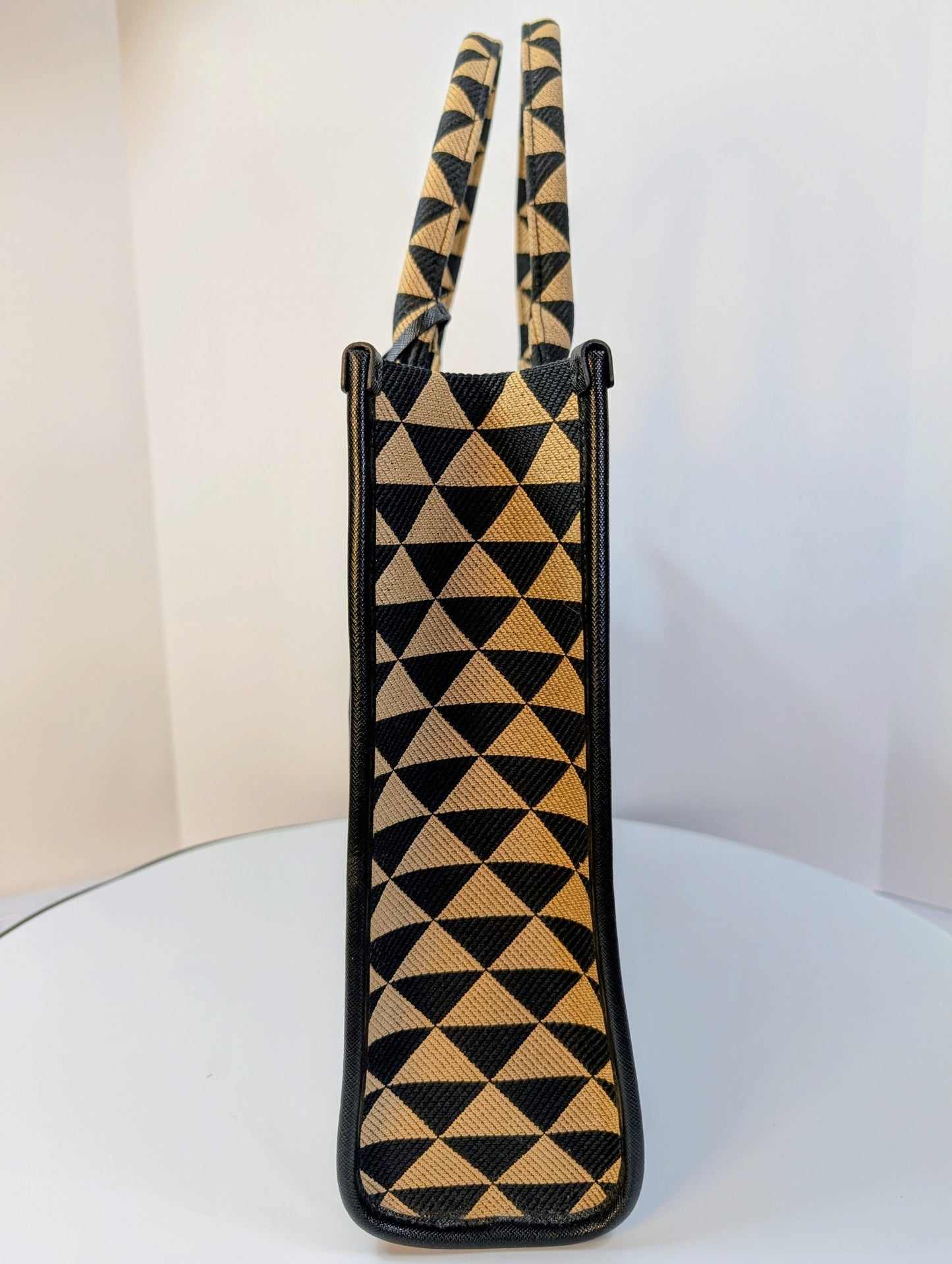 Prada Large Beige and Black Triangle Pattern Jacquard Tote Bag with Saffiano Leather Trim