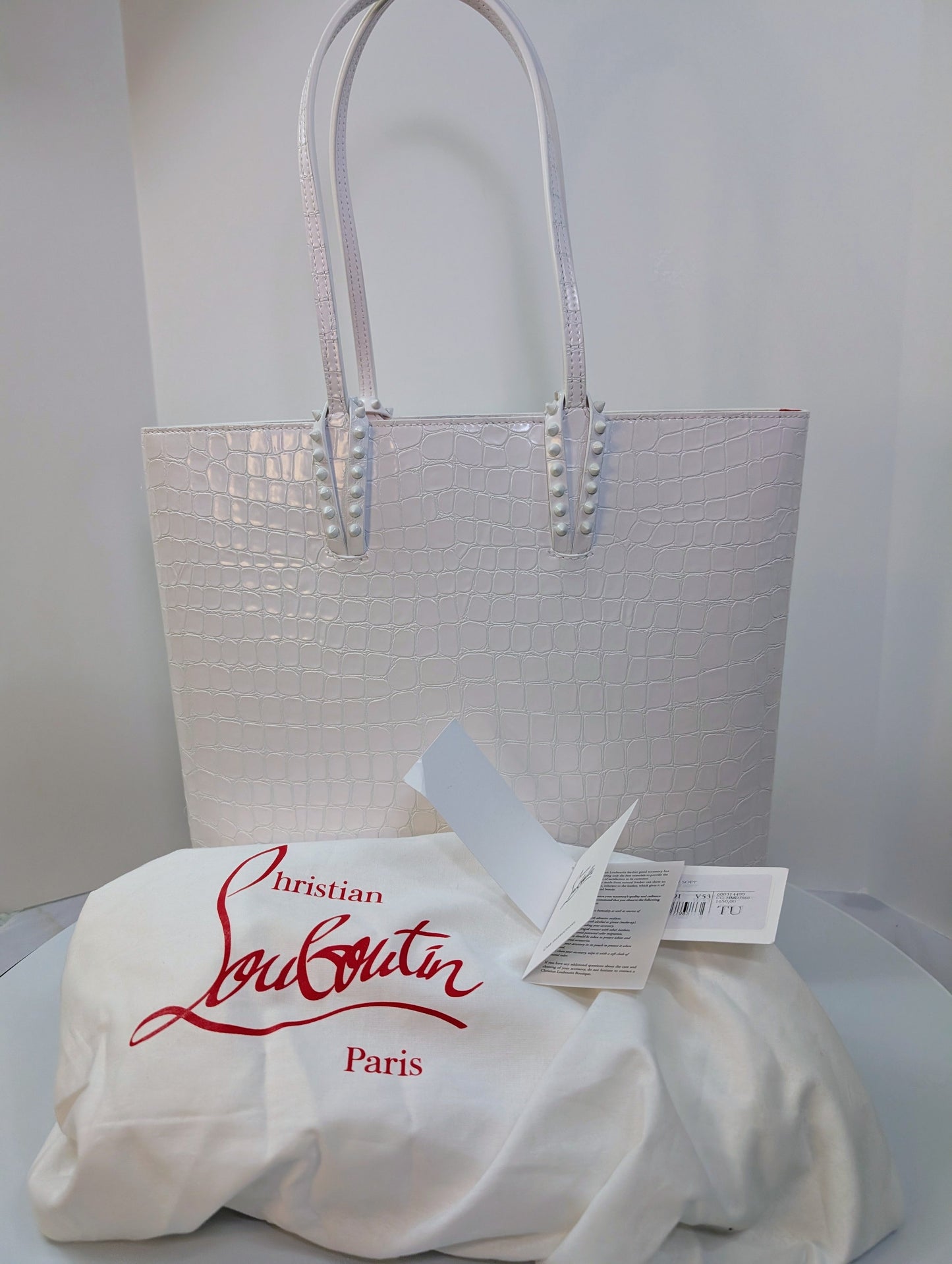Christian Louboutin White Crocodile Embossed Leather Cabata Spikes Tote Bag