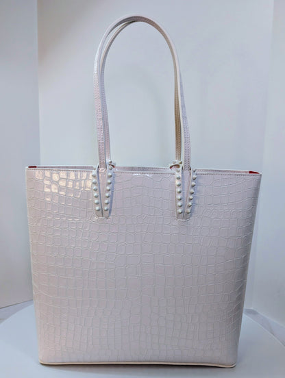 Christian Louboutin White Crocodile Embossed Leather Cabata Spikes Tote Bag