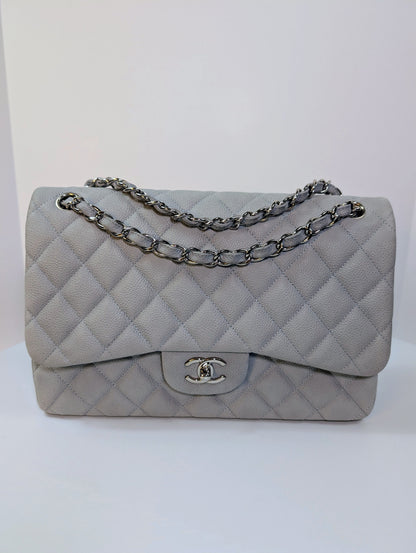 Chanel Classic Jumbo Light Gray Blue Quilted Caviar Double Flap Bag