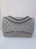 Chanel Classic Jumbo Light Gray Blue Quilted Caviar Double Flap Bag