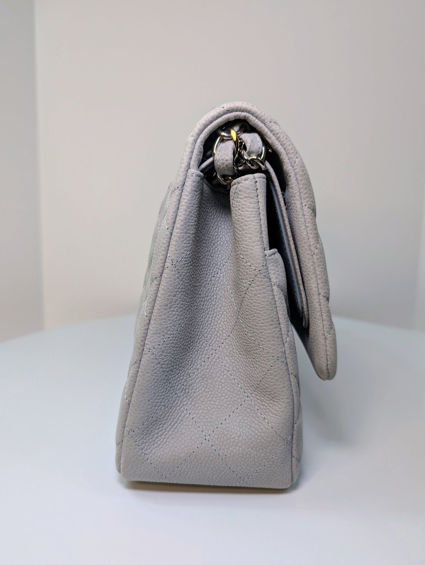 Chanel Classic Jumbo Light Gray Blue Quilted Caviar Double Flap Bag