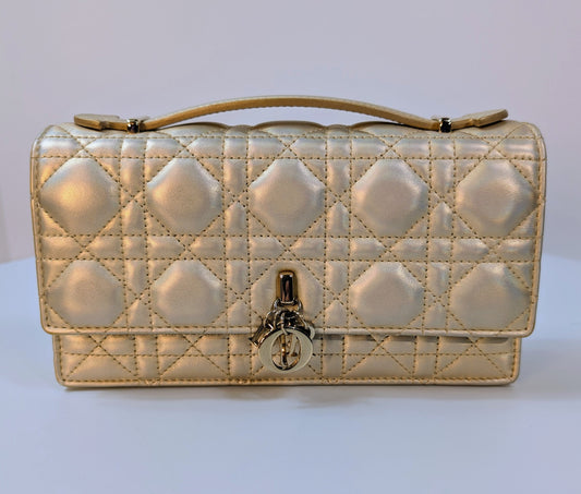 Dior “My Dior” Metallic Gold Cannage Lambskin Embroidered Mini Bag