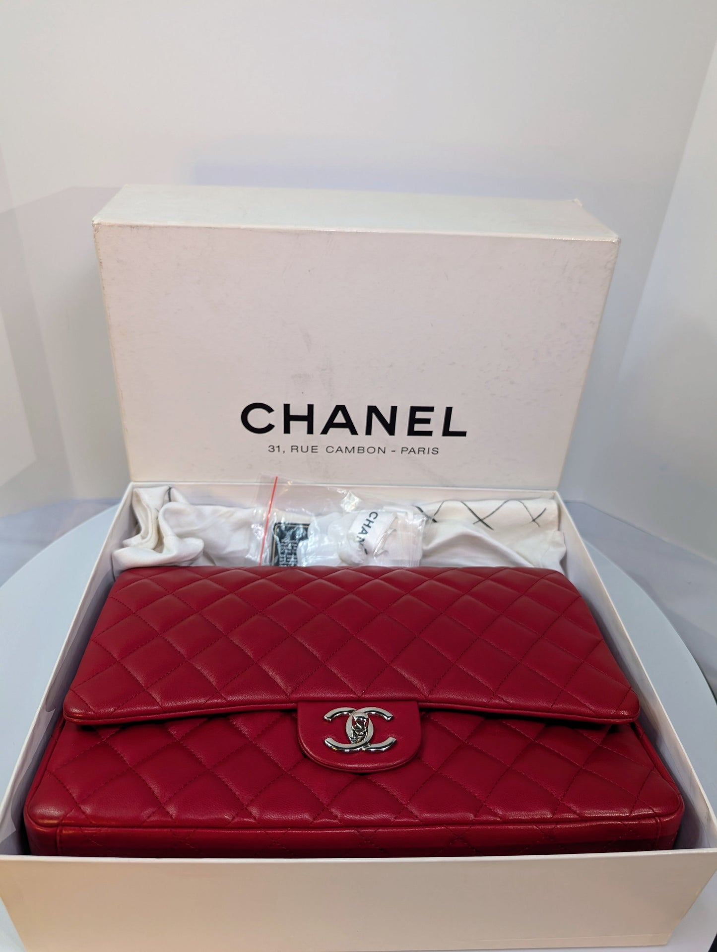 Chanel Rare 2013 17b Red Quilted Classic Jumbo Lambskin Double Flap Set