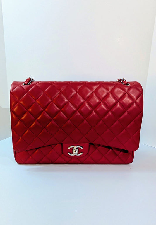 Chanel Rare 2013 17b Red Quilted Classic Jumbo Lambskin Double Flap Set