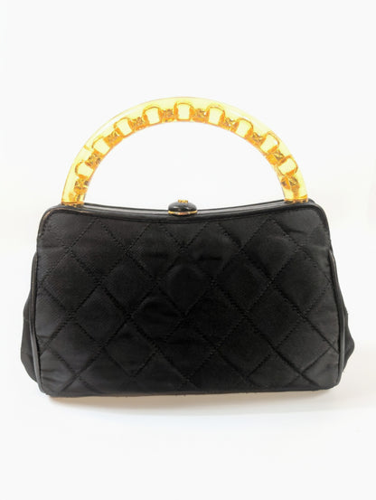 Chanel   Black Quilted Satin Frame Top Handle Bag
