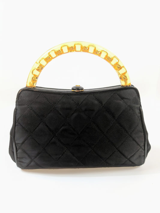 Chanel   Black Quilted Satin Frame Top Handle Bag