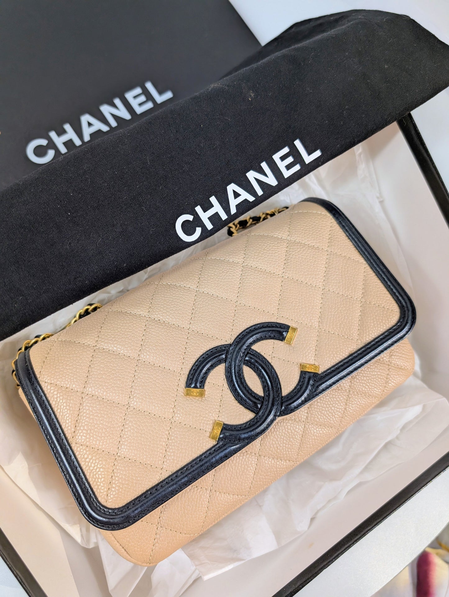 Chanel Rare   Beige Caviar Filigree Flap Bag