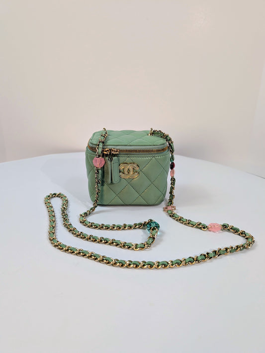 Chanel Light Green Mint Lambskin Quilted Mini Vanity Case with CC Charms