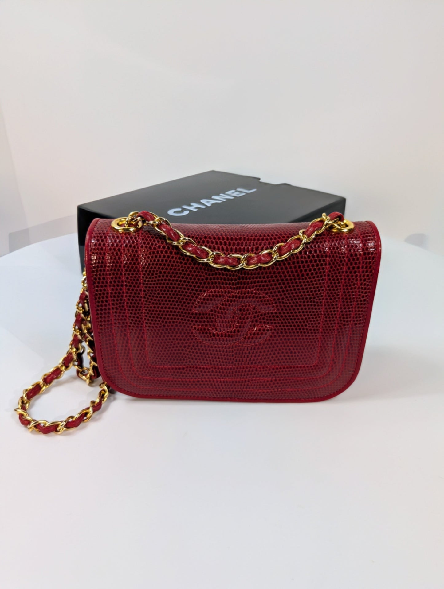 Chanel Rare   Red Lizard Leather Mini Rectangular Flap Bag