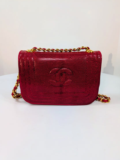 Chanel Rare   Red Lizard Leather Mini Rectangular Flap Bag